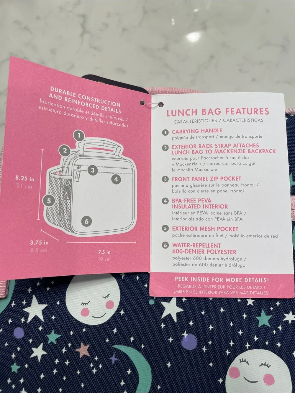 Pottery Barn Kids Mackenzie Pink Navy Glow-in-the-Dark Moons Lunch Box NWT